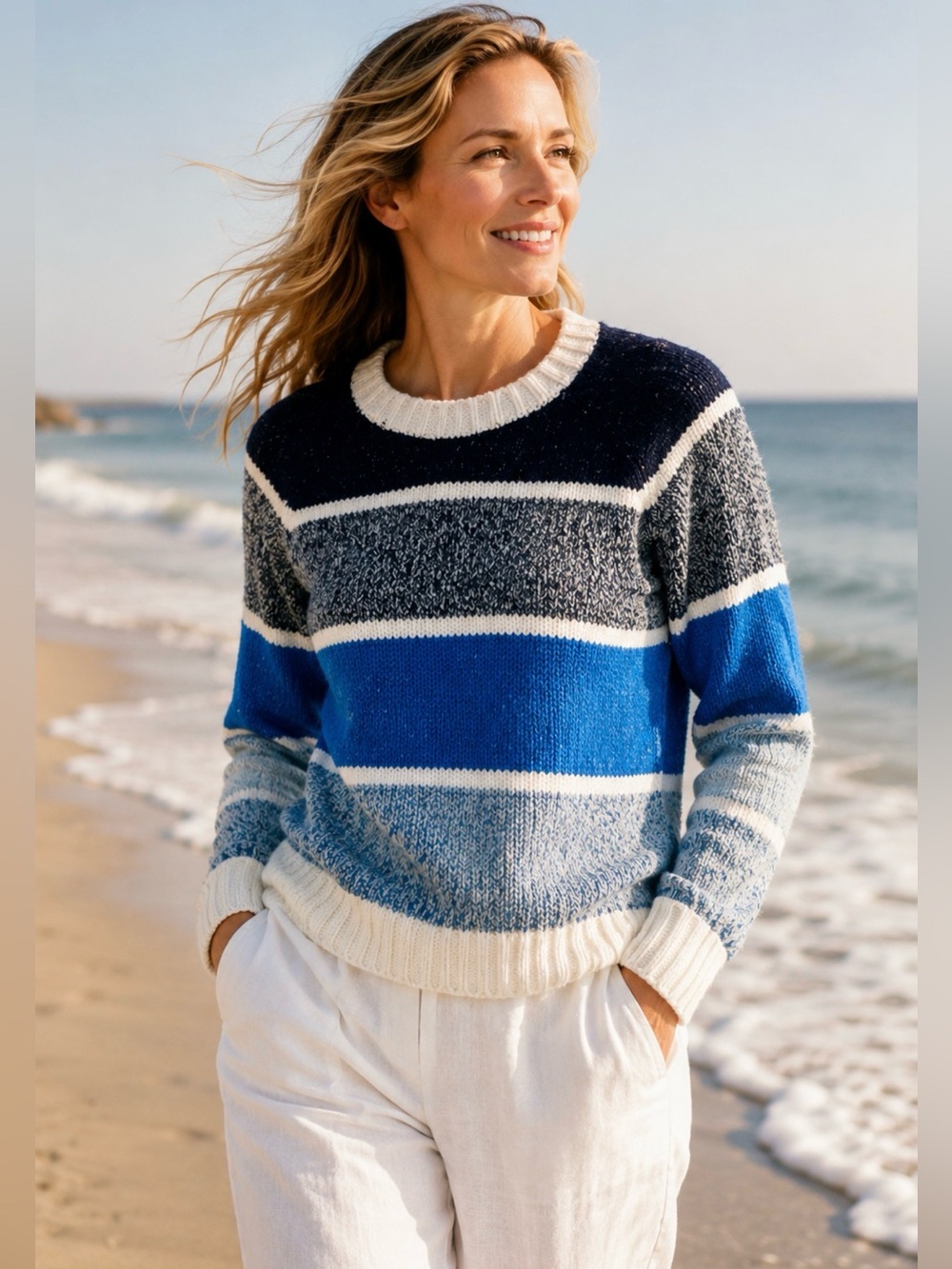 TALBOTS BLUE STRIPED SWEATER WOMEN’S SMALL COASTAL CHUNKY KNIT BEACHY COTTAGE